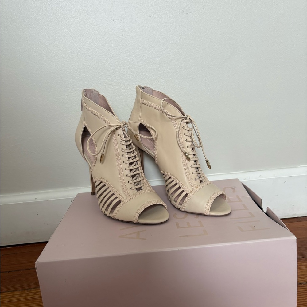 Avec Les Filles Nude Lace Up Cutout Caged Peep Toe Heels